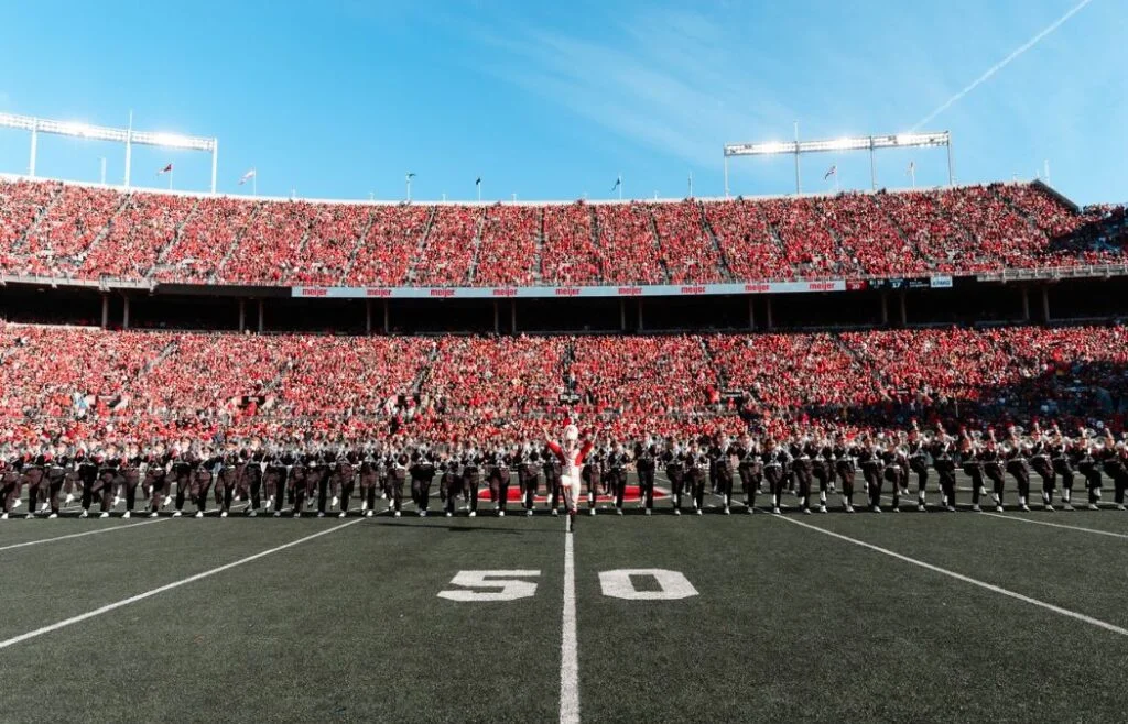 The Ohio State Marching Band marching in Ohio Stadium