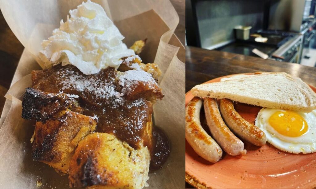 Bread pudding with a sunny side up egg, sausage, and toast