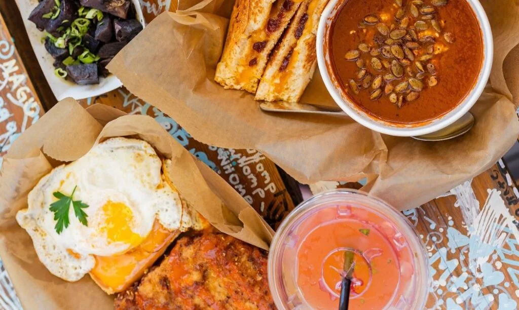 Overeasy eggs on toasts and other brunch foods served at Katalina's in Columbus