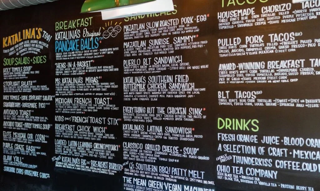 Katalina's menu neatly displayed on a large chalkboard