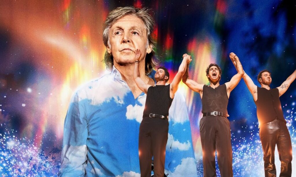 Paul McCartney stands in front of cosmic nebula as the Jonas Brothers appear holding hands