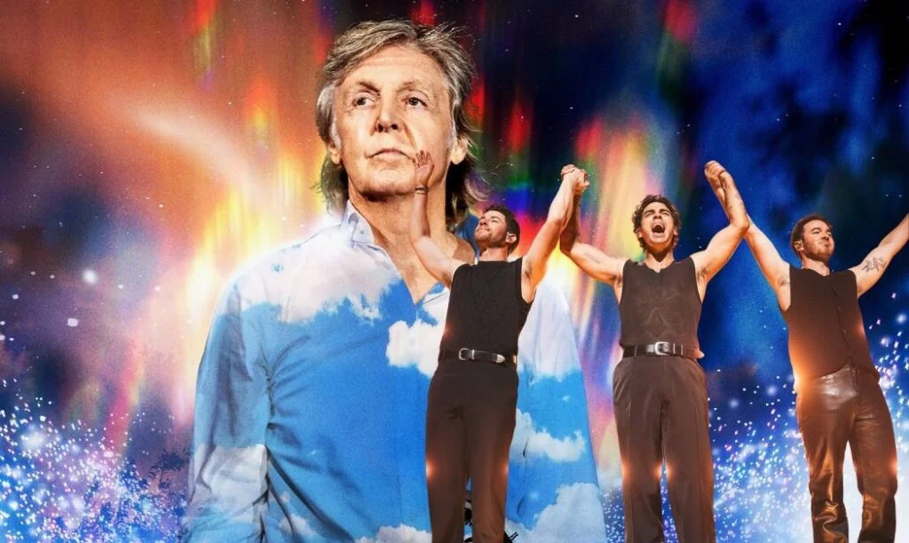 Paul McCartney stands in front of cosmic nebula as the Jonas Brothers appear holding hands