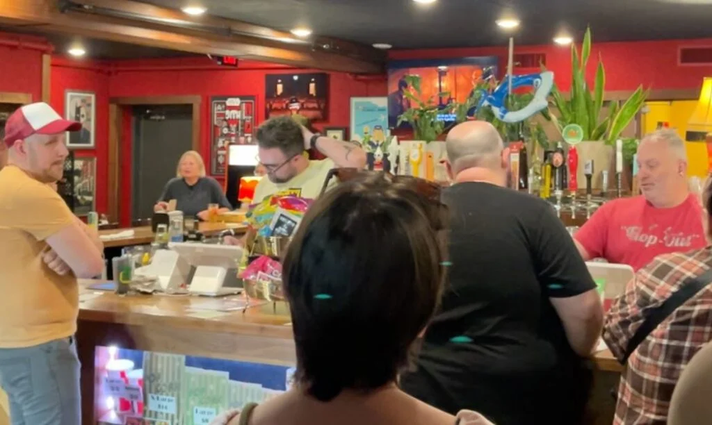 The concession stand and bar inside Studio 35 Cinema & Drafthouse