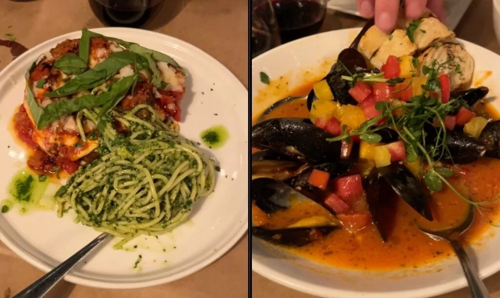 Basi Italia's eggplant parmesan on the left and their mussels on the right