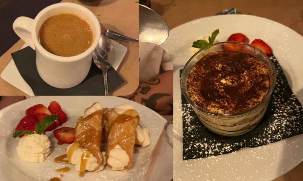 Clockwise from the right: Tiramisu, Cannolis, Irish Coffee