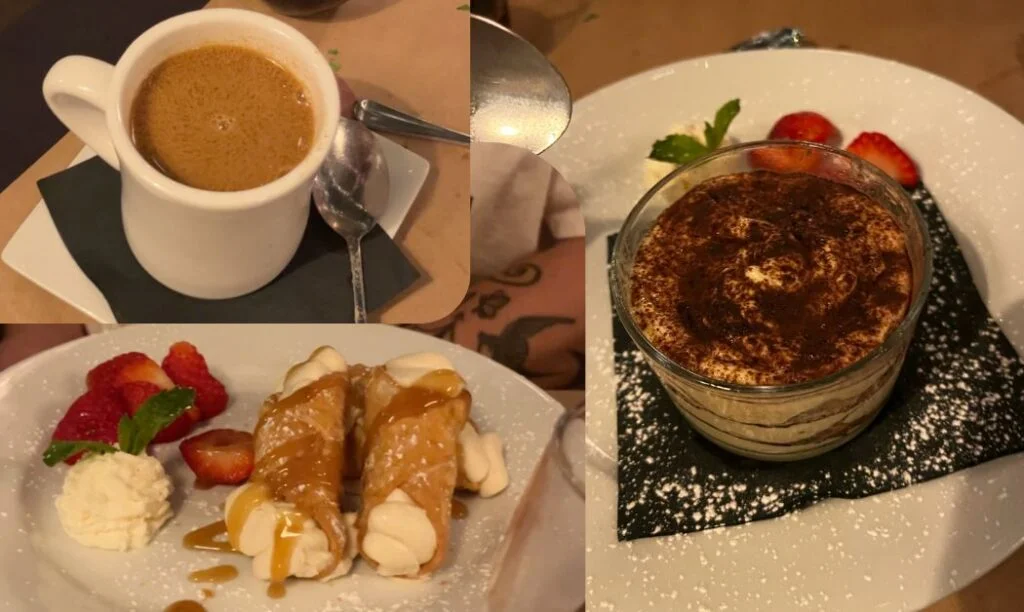Clockwise from the right: Tiramisu, Cannolis, Irish Coffee
