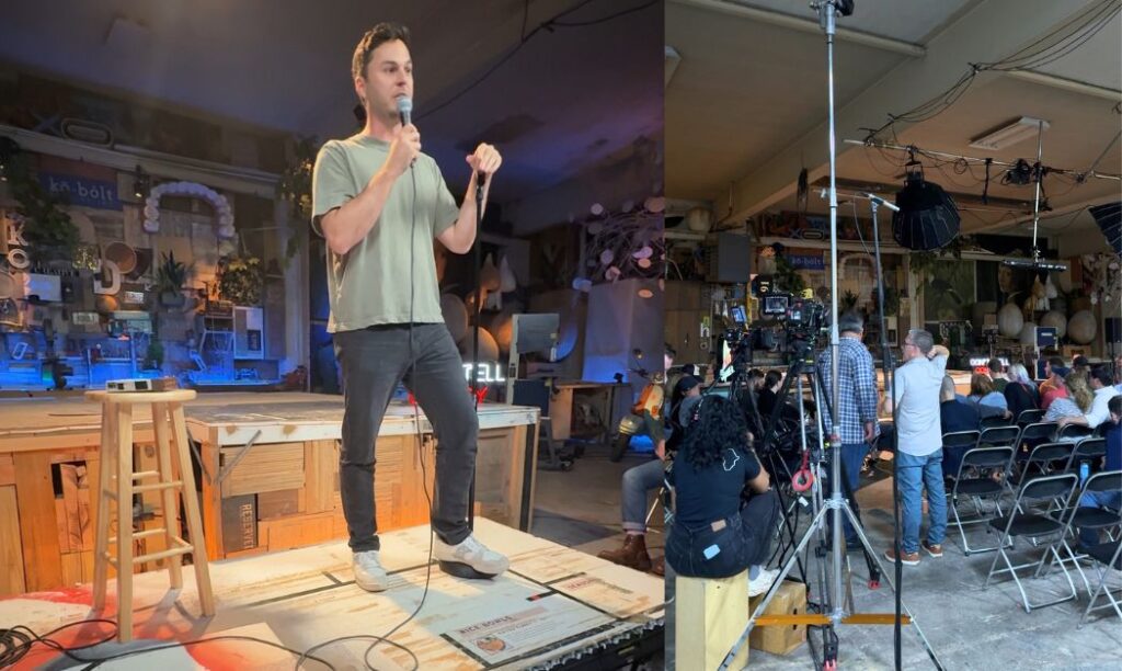 Images show Don't Tell Comedy founder Kyle Kazanjian-Amory introducing the show in Columbus and the production set up.