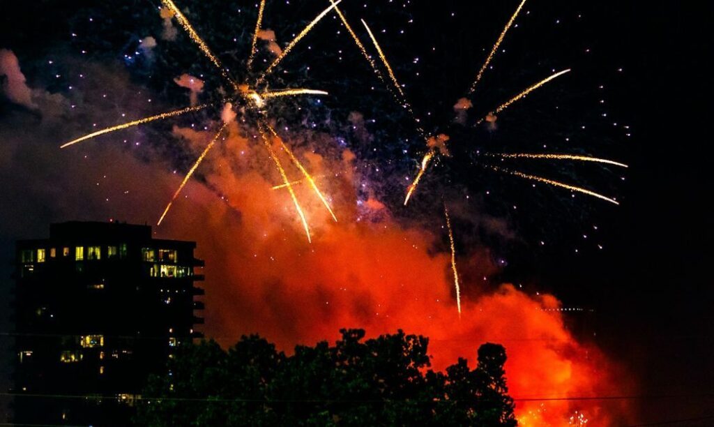 Fireworks behind an apartment building in Columbus, Ohio