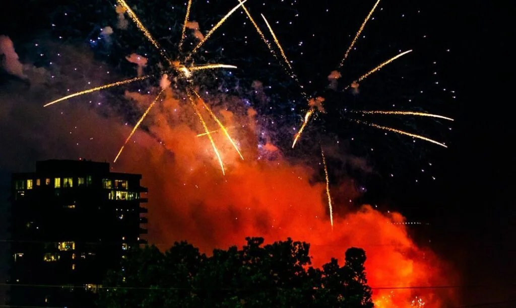 Fireworks behind an apartment building in Columbus, Ohio