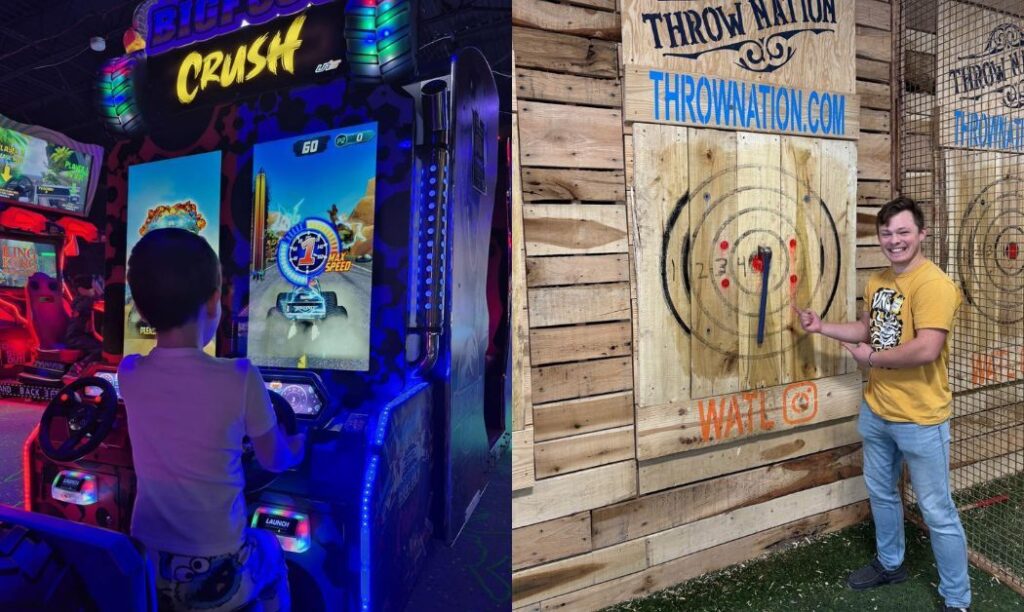 Child playing an arcade game and a man posing in front of his axe throwing bullseye at Destination Outlets in Jeffersonville, OH. 