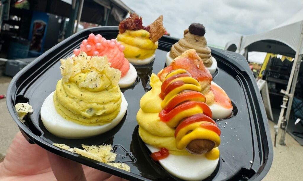 Unique deviled eggs at the Ohio State Fair, including an espresso deviled egg and hotdog deviled egg.