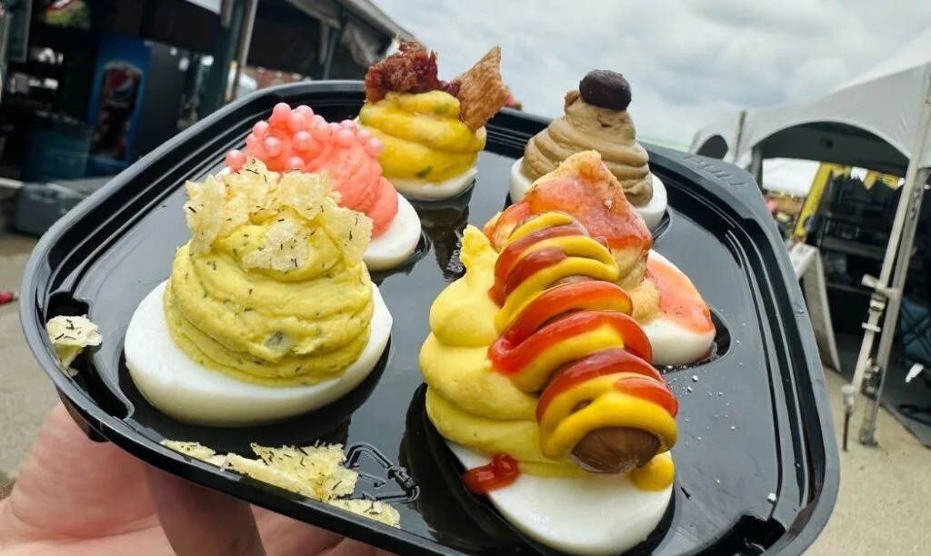 Unique deviled eggs at the Ohio State Fair, including an espresso deviled egg and hotdog deviled egg.
