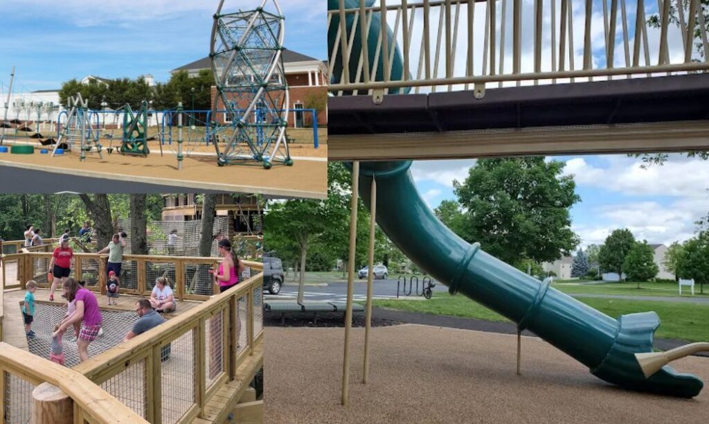 Playground equipment with kids and families playing on them