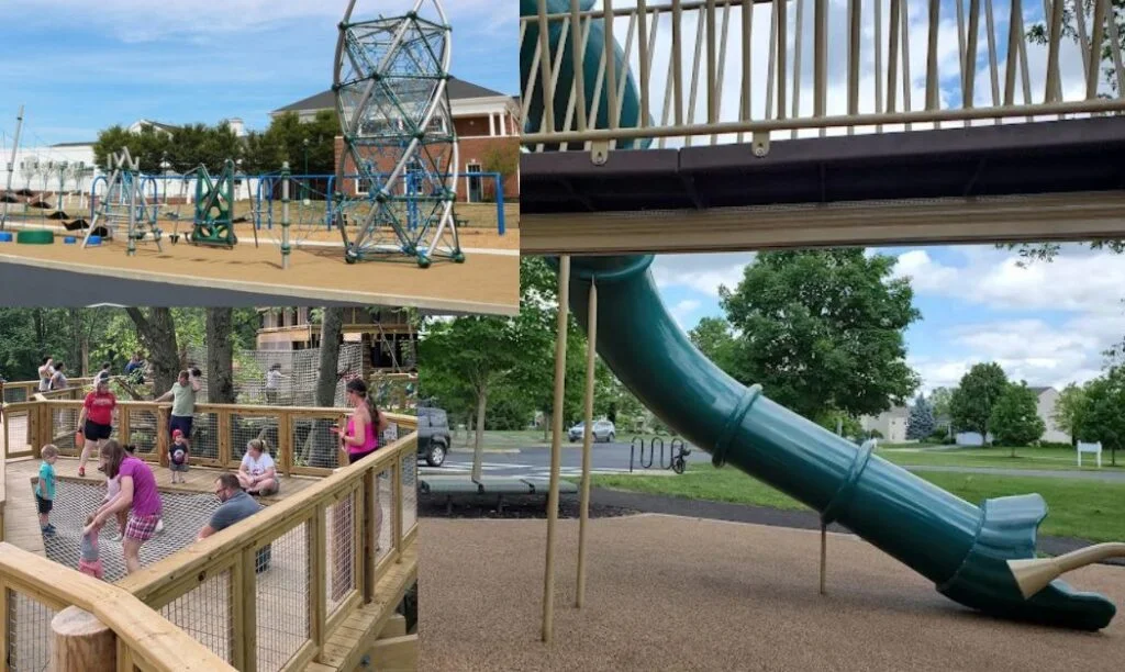 Playground equipment with kids and families playing on them