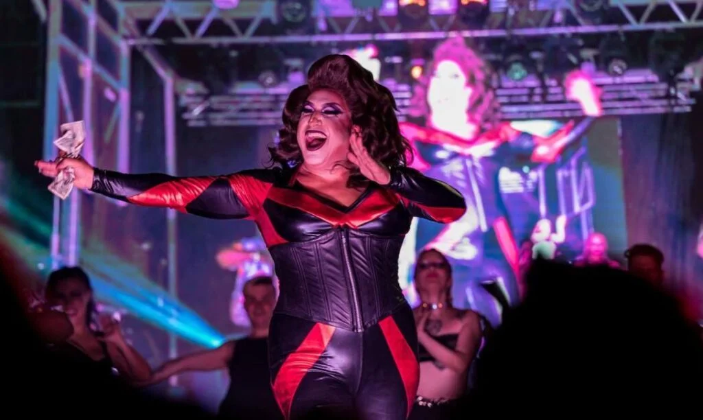 A drag performer performing at District West in Downtown Columbus