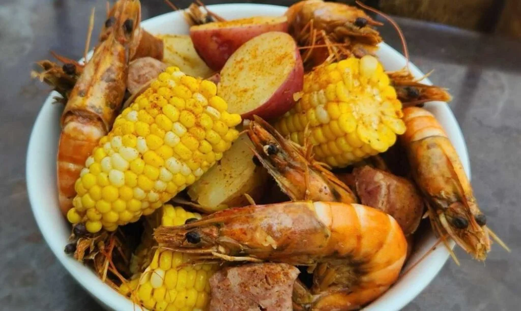 Seafood boil with corn, potatoes, and shrimp from Chapman's Eat Market