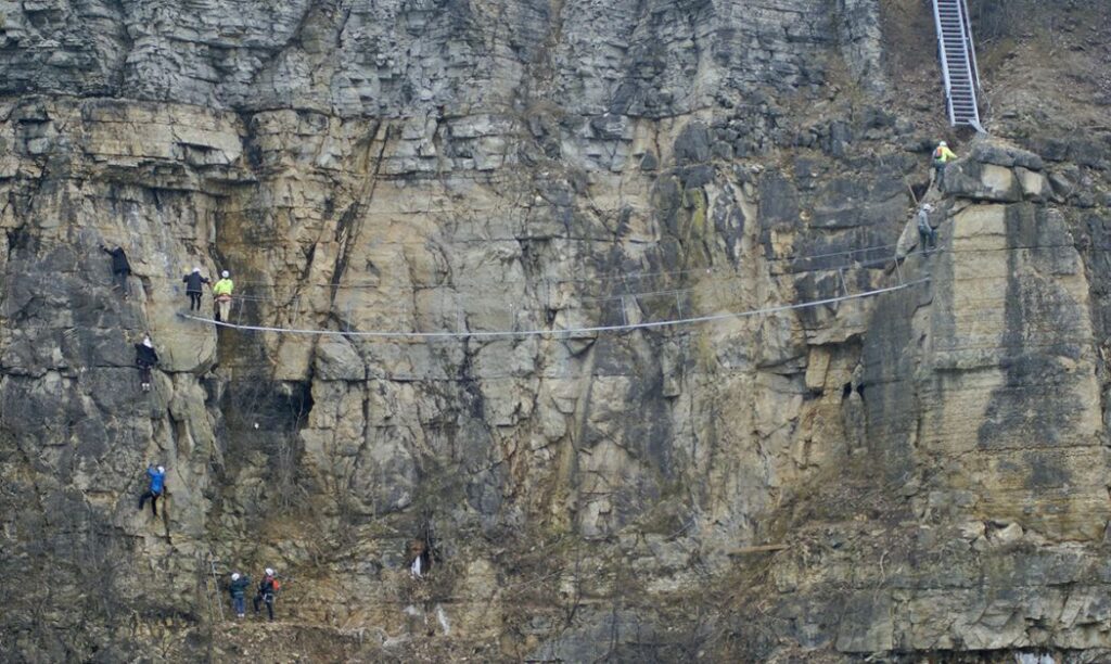 Climbers take on the final sections of the via ferrata at Quarry Trails Metro Park