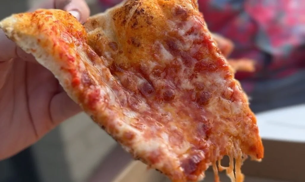Holding a slice of cheese pizza from Artisan Pizza Cafe in Columbus Ohio.