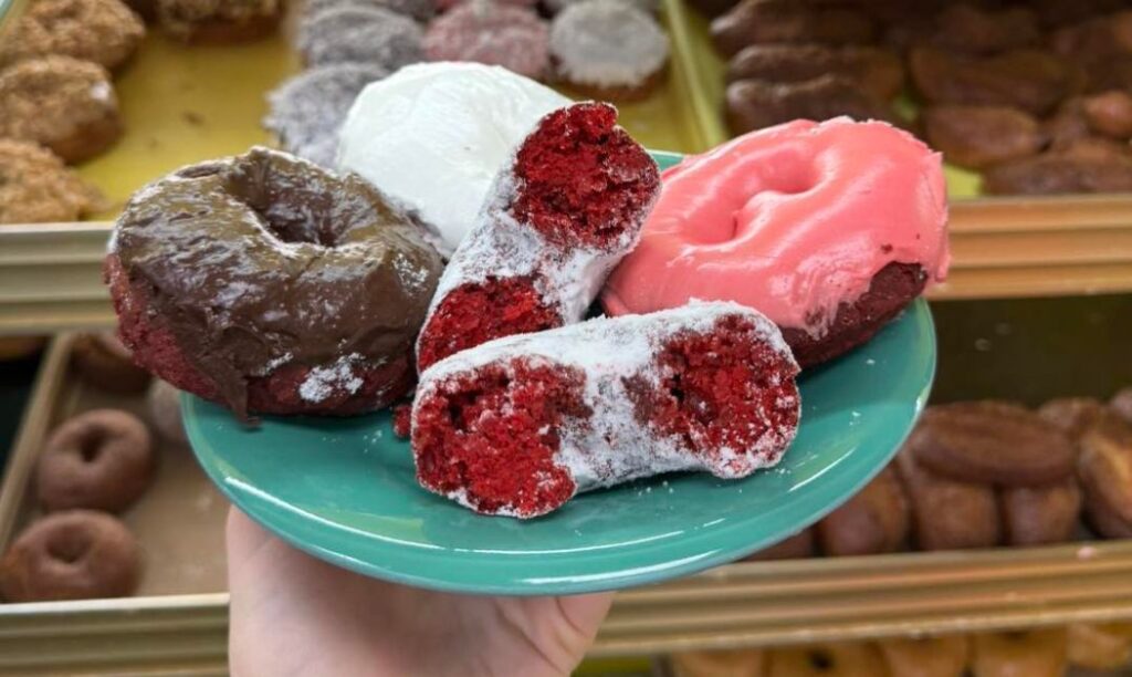 Cake donuts from Donald's Donuts in Zanesville, featuring a powdered Red Velvet donut.