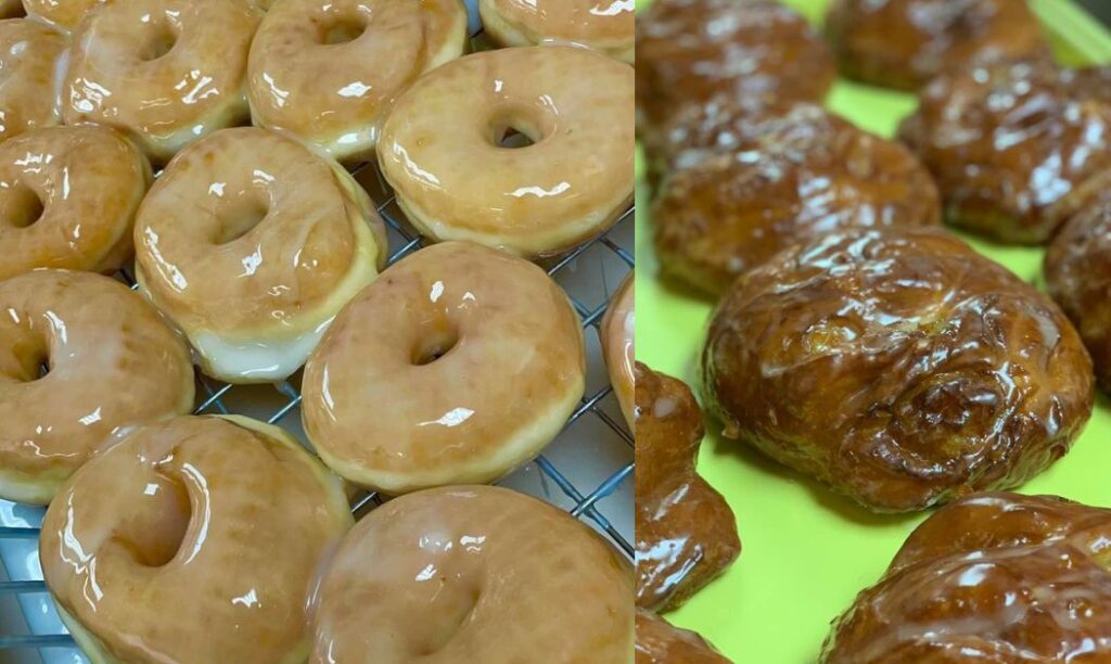 Glazed yeast donuts and apple fritters from Donalds Donuts