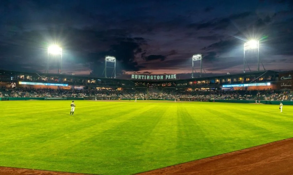 The sun setting behind Huntington Park as the Clippers play under the lights.