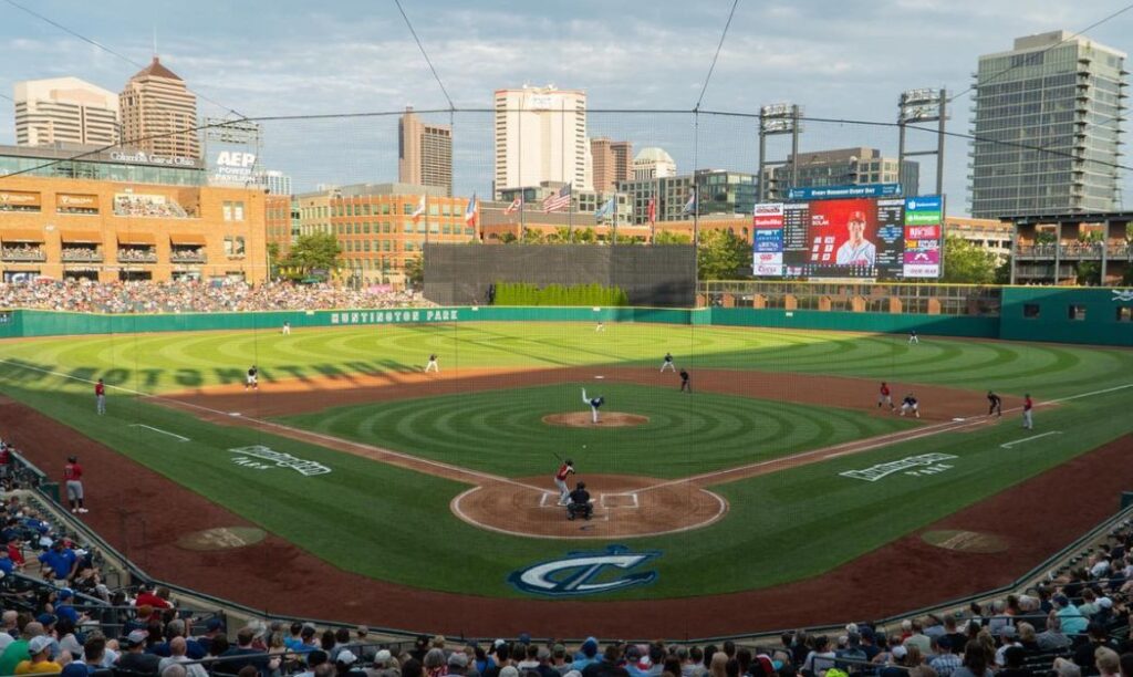 The view of Huntington Park and Columbus' skyline from behind home plate. 