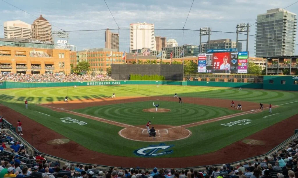 The view of Huntington Park and Columbus' skyline from behind home plate. 