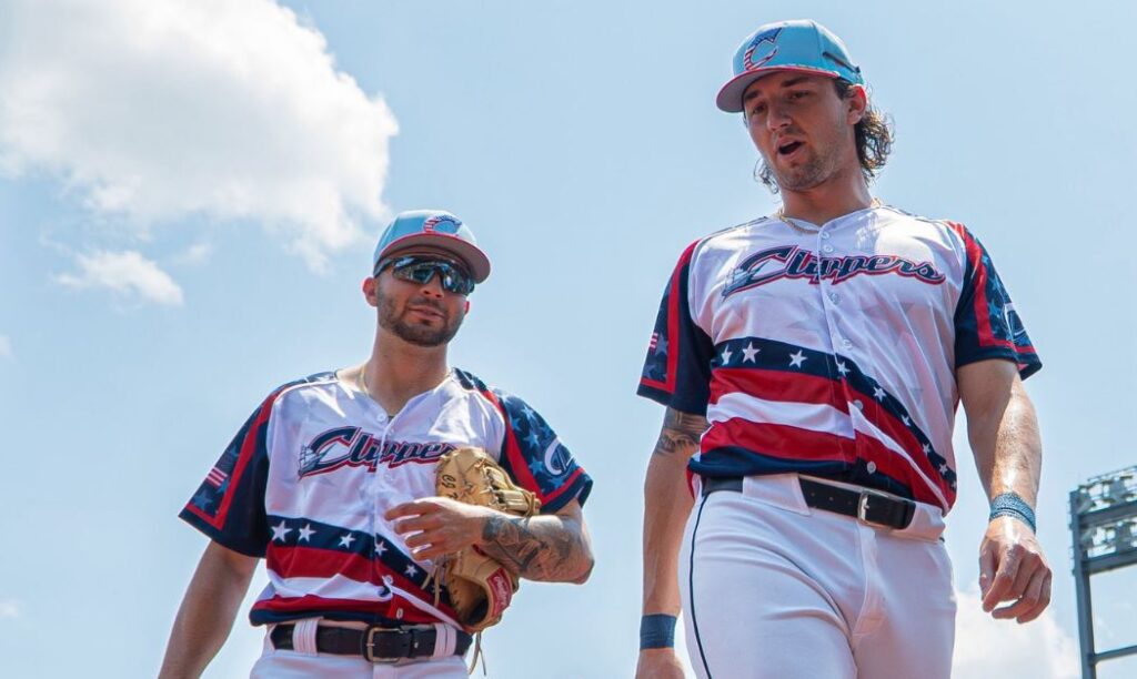 MLB Prospects C.J. Kayfus and Chase Delauter walking off the field.