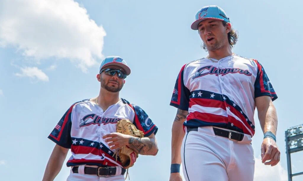 MLB Prospects C.J. Kayfus and Chase Delauter walking off the field.