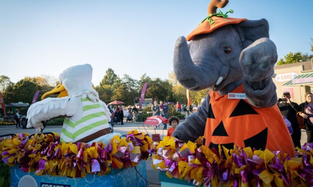 Boo at the Zoo parade with bird and elephant mascots at the Columbus Zoo and Aquarium