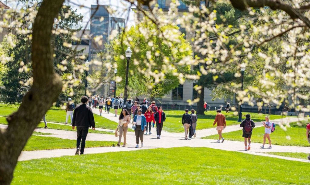 Ohio State students walking across the Oval