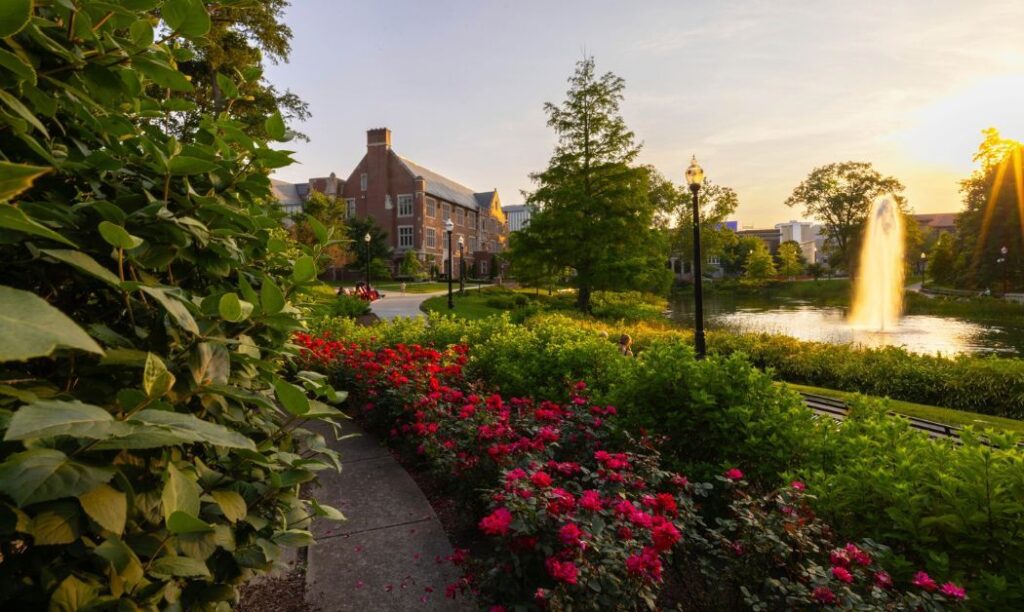 Mirror Lake on Ohio State's campus at sunset