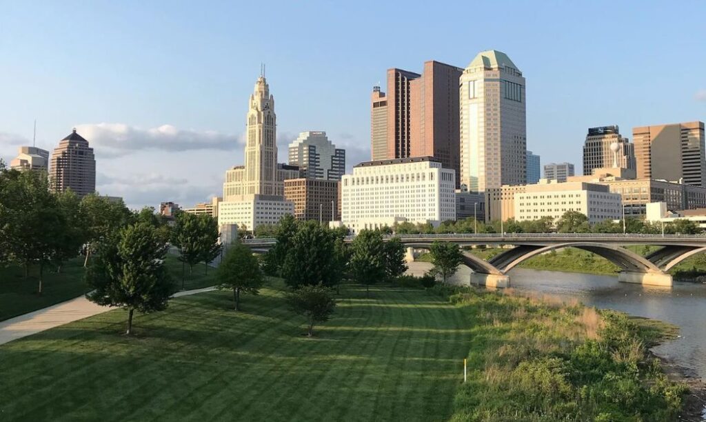 The scioto mile with the Columbus skyline in the background