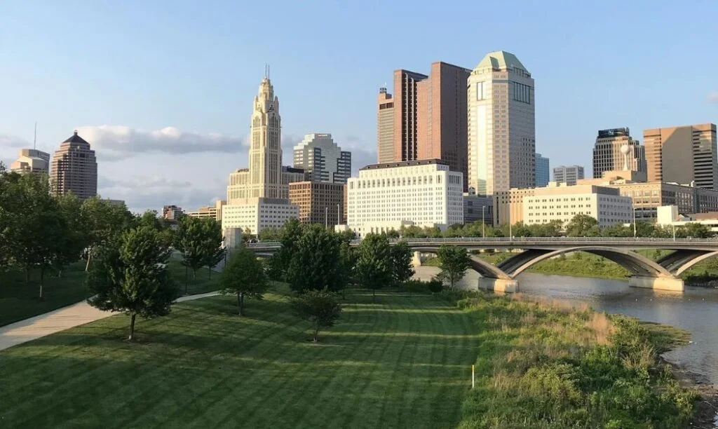 The scioto mile with the Columbus skyline in the background
