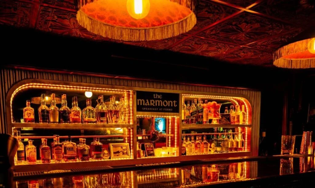 The illuminated bar and fancy low ceilings at The Marmont beneath Forno in the Short North, Columbus, OH.