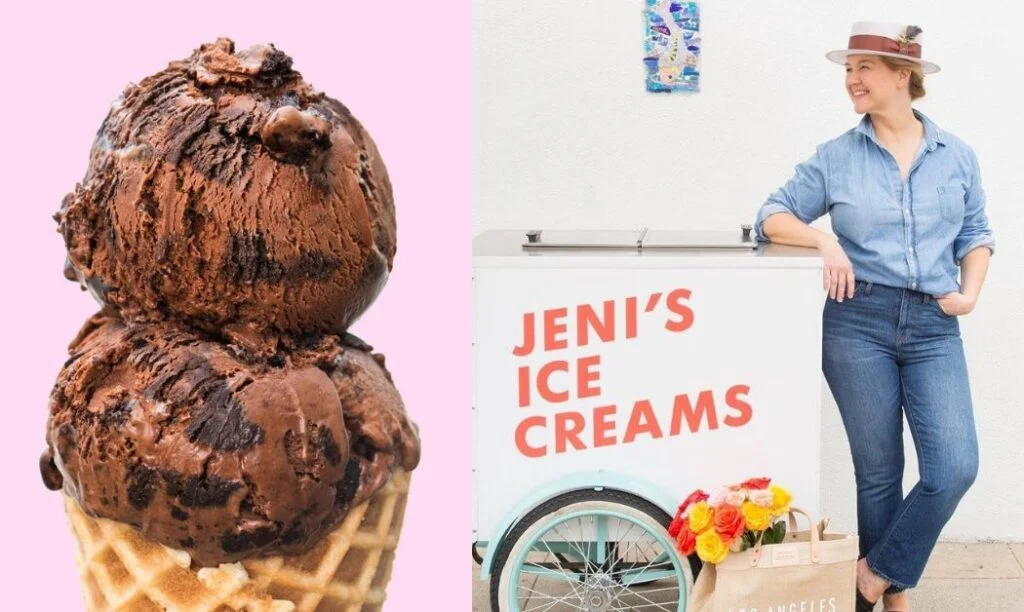 Jeni Britton posing with an ice cream cart, a double scoop of Jeni's Splendid Ice Cream