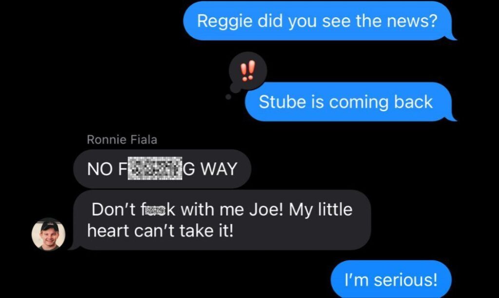 A text chain of someone ecstatic that Bier Stube is reopening