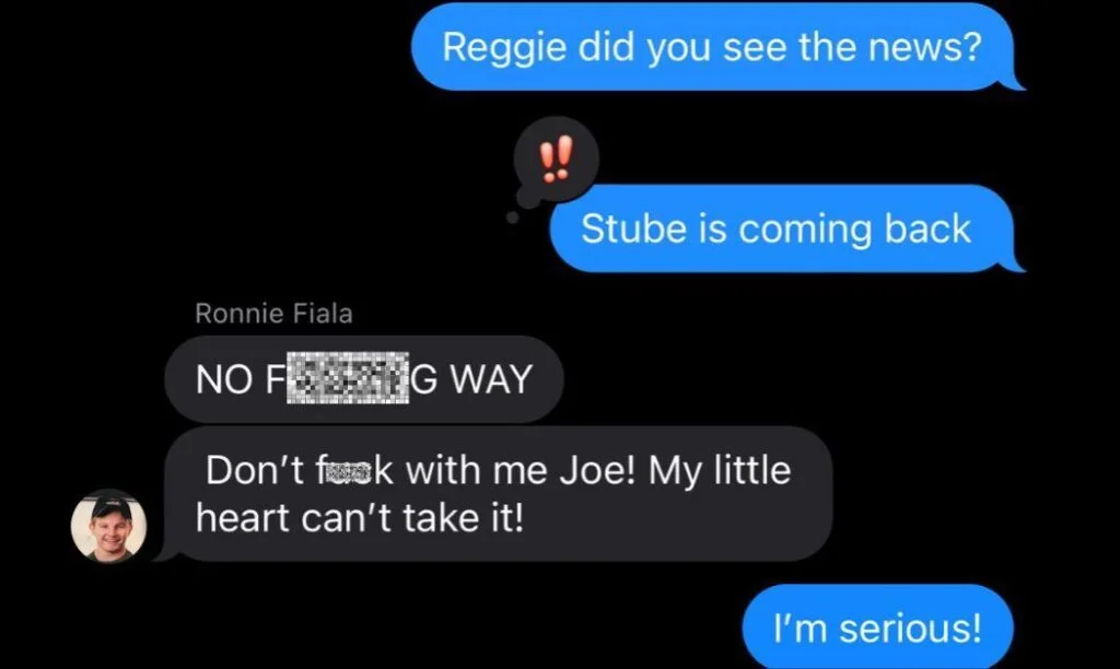 A text chain of someone ecstatic that Bier Stube is reopening