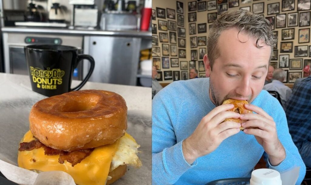 The donut burger and the wall of pictures at Honey Dip Donuts & Diner
