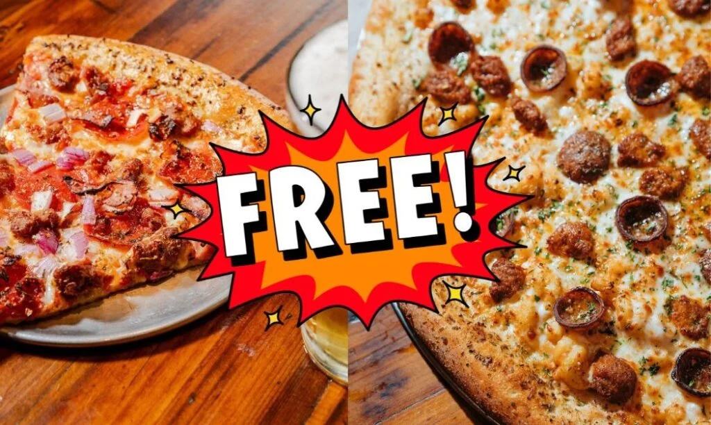 "FREE" text over two images of Mikey's Late Night Slice pizzas. 