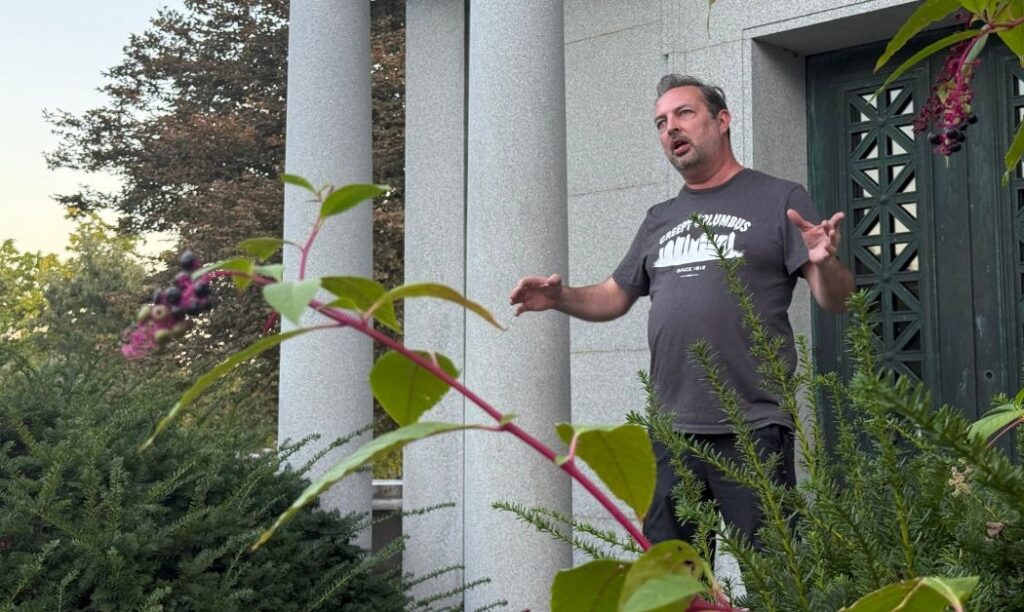 E.R. "Bucky" Cutright from Columbus Ghost Tours tells a story from the Lazarus Mausoleum at Green Lawn Cemetery in Columbus Ohio.