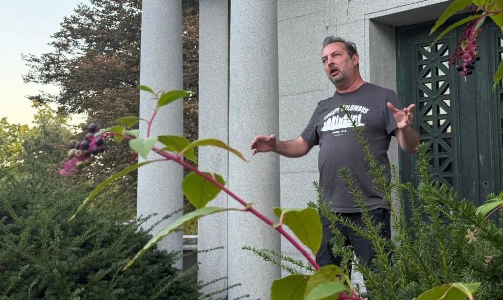 E.R. "Bucky" Cutright from Columbus Ghost Tours tells a story from the Lazarus Mausoleum at Green Lawn Cemetery in Columbus Ohio.