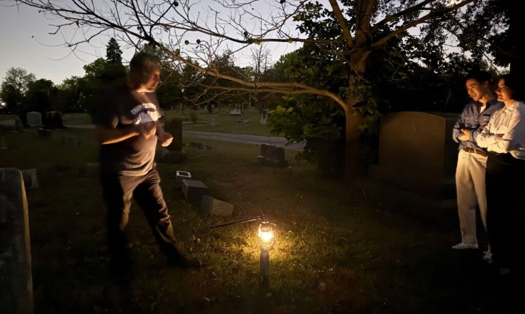 E.R. "Bucky" Cutright from Columbus Ghost Tours gives a tour at Green Lawn Cemetery.