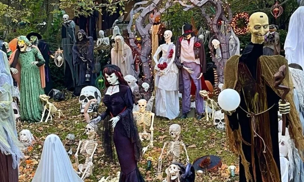 Mannequins and skeletons fill the yard of 2098 Guilford Road in Upper Arlington, OH.